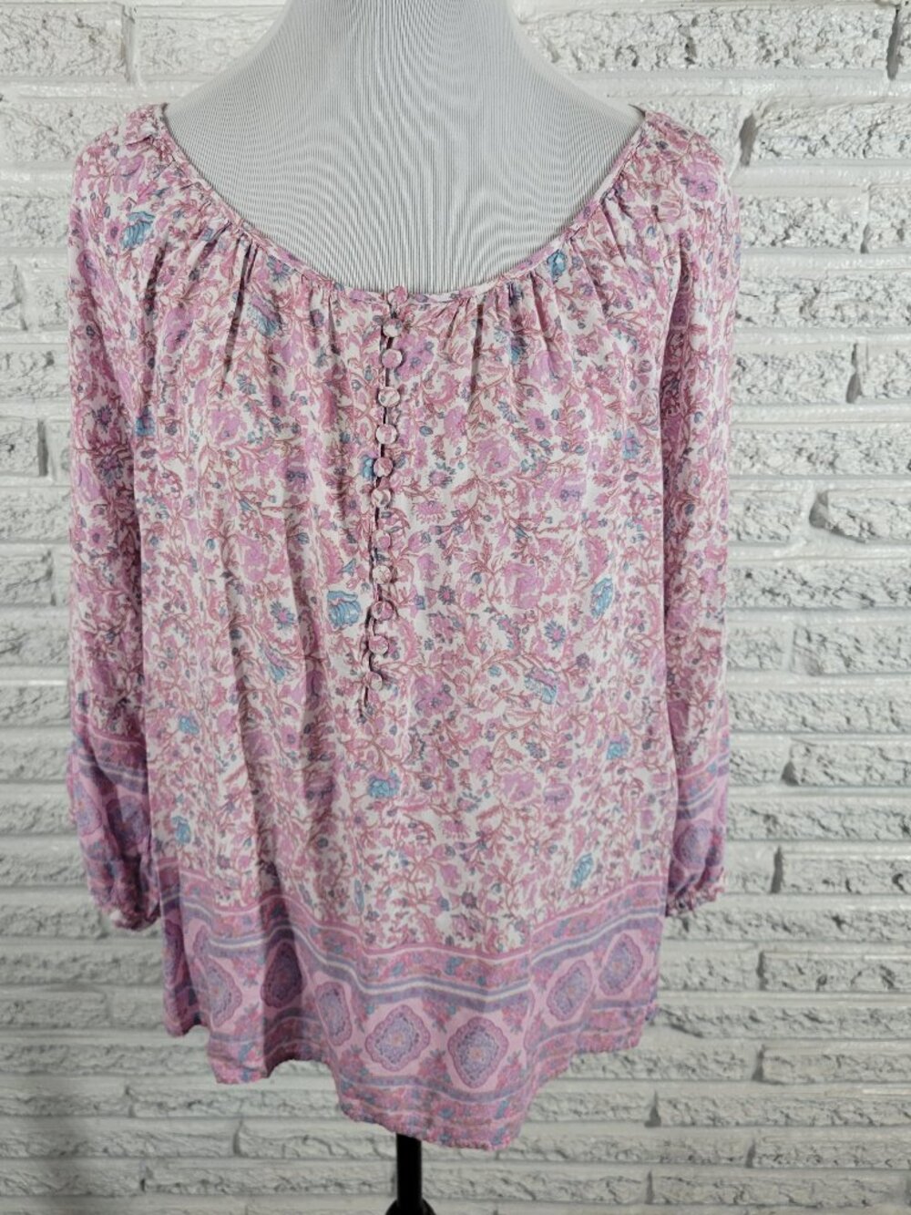 Cynthia Rowley Top Womens 1X Purple Blue Floral Long Sleeve Button Rayon FLO68E‎